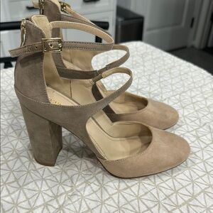 BCBGeneration Two-Tone Tan Block Heel Sandals with Ankle Strap